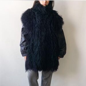 Vintage 80s Black Mongolian Sheep Fur Women’s Coat with Leather Zip Off Sleeves